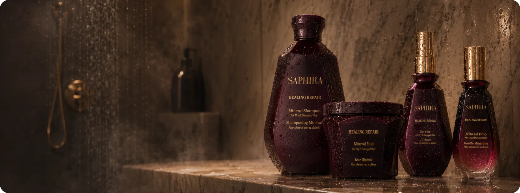 Saphira Healing Repair hair care products on a wet shower ledge