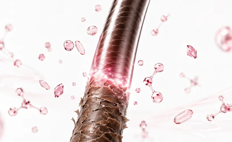 Close-up illustration of a hair strand surrounded by pink mineral particles