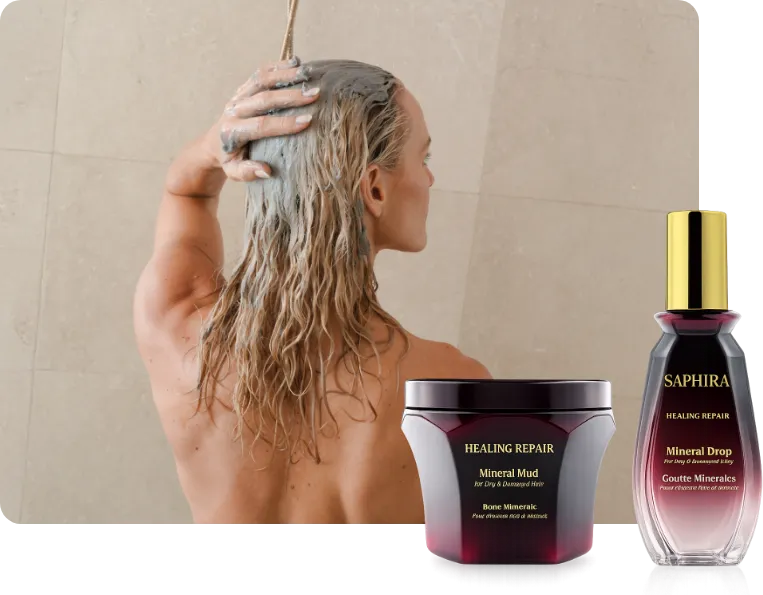 Saphira Healing Repair products with woman looking through a photo album